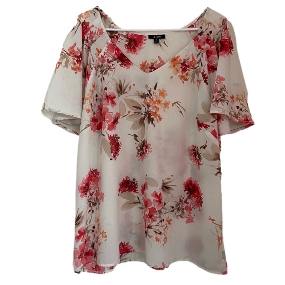 A.U.W Floral Short Sleeve V-Neckline Blouse 1X Multi Color Lightweight Casual